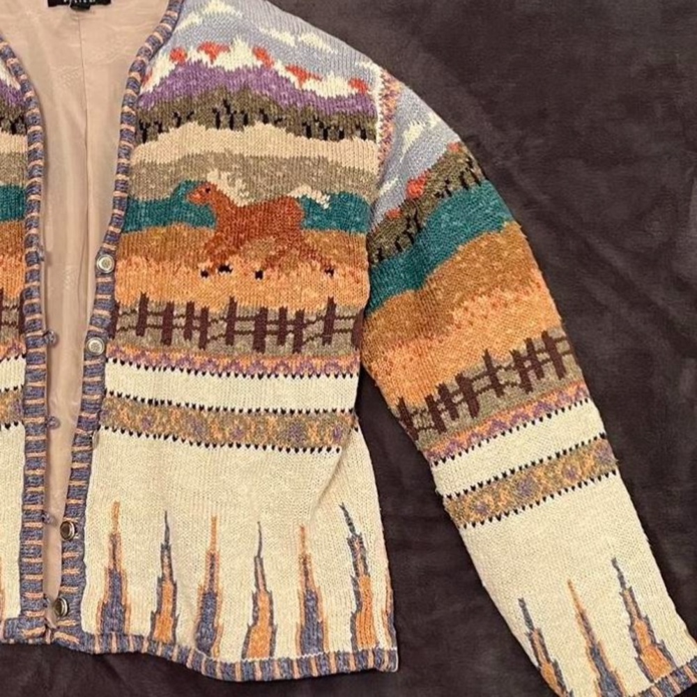 Icelandic Designs Colorful Horse pony western Pattern Cardigan M EUC - Picture 3 of 12